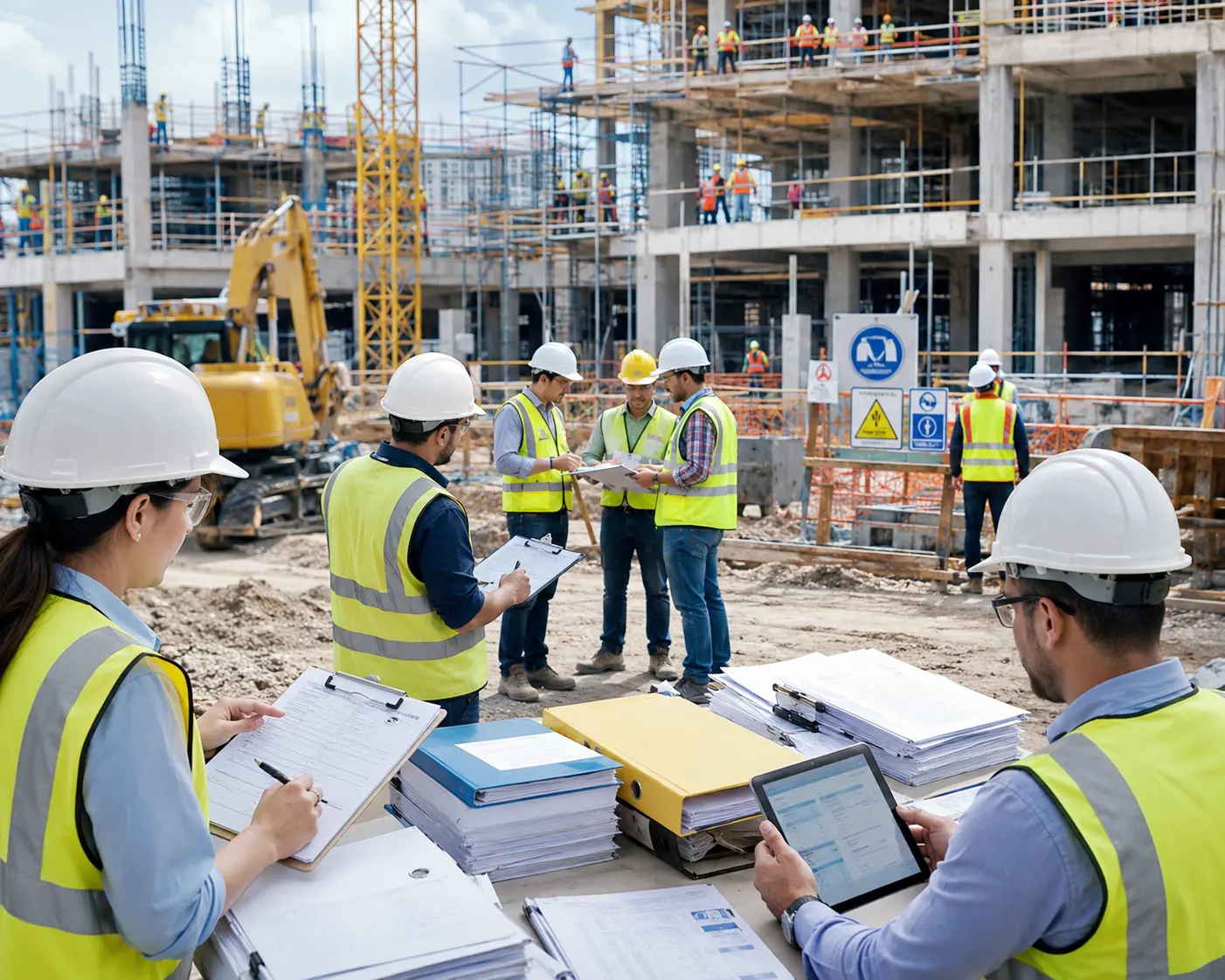 Construction project complexity with site safety quality inspections environmental controls subcontractor management risk and audit documentation