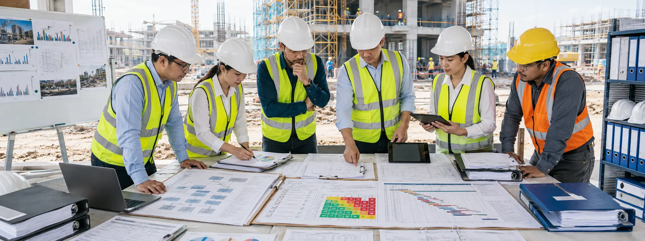 Construction project team reviewing ISO process maps audit checklists implementation roadmap corrective action tracker and multi site documentation