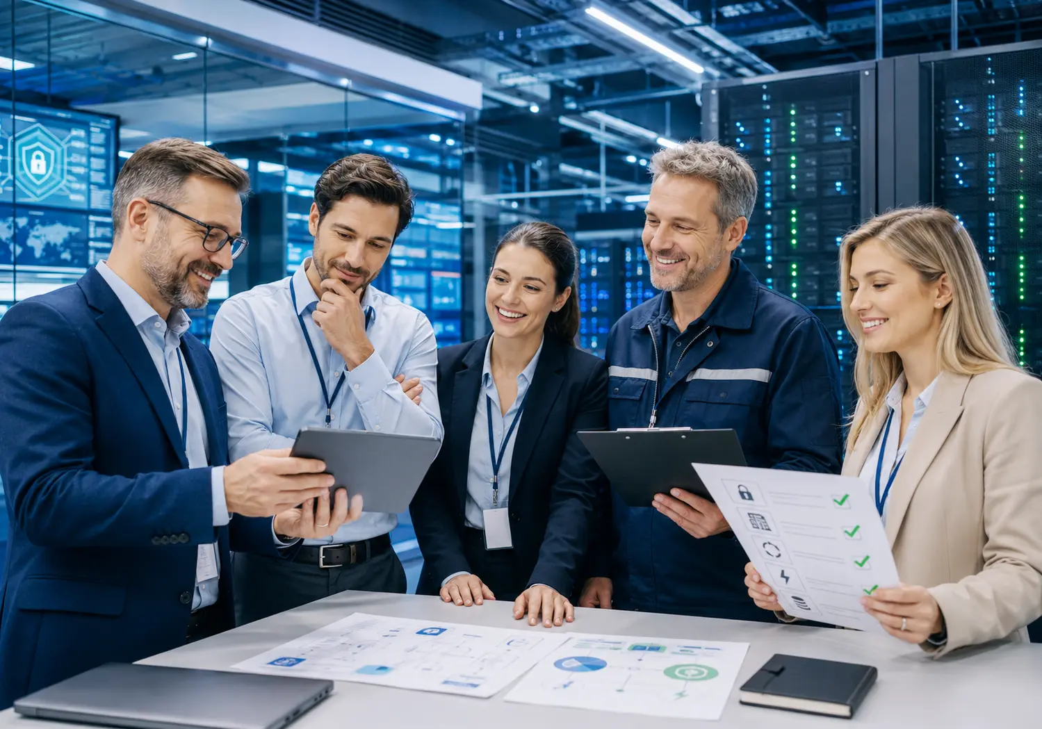European data center and IT infrastructure team reviewing ISO toolkit documentation for information security business continuity ICT readiness energy management asset control and audit readiness