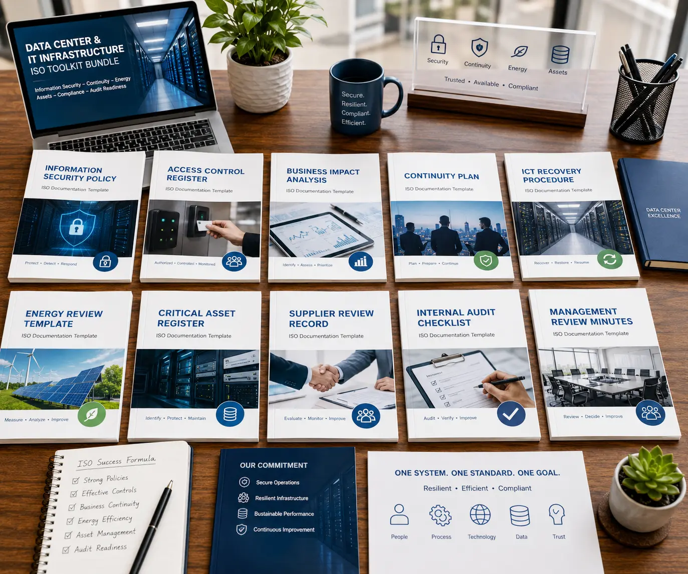 Editable data center IT infrastructure ISO documents templates information security policy access control register business impact analysis continuity plan ICT recovery procedure energy review critical asset register and internal audit checklist