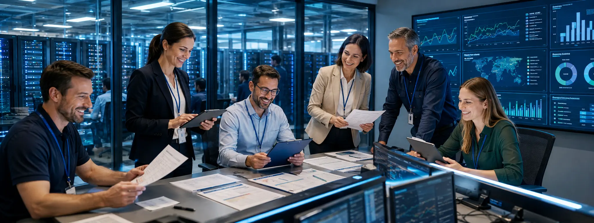 European data center operations security continuity energy and asset teams reviewing access records continuity plans ICT recovery procedures energy reviews asset registers audit checklists and corrective action trackers