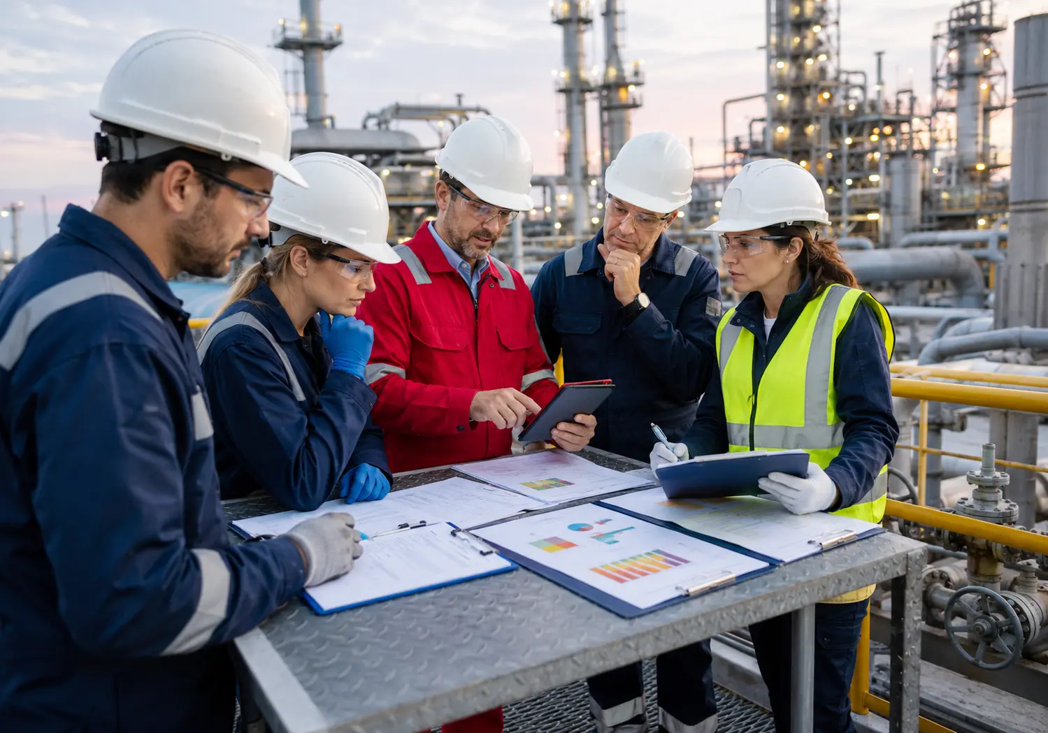 European oil and gas field engineers reviewing ISO toolkit documentation for quality HSE environment energy risk and internal audits