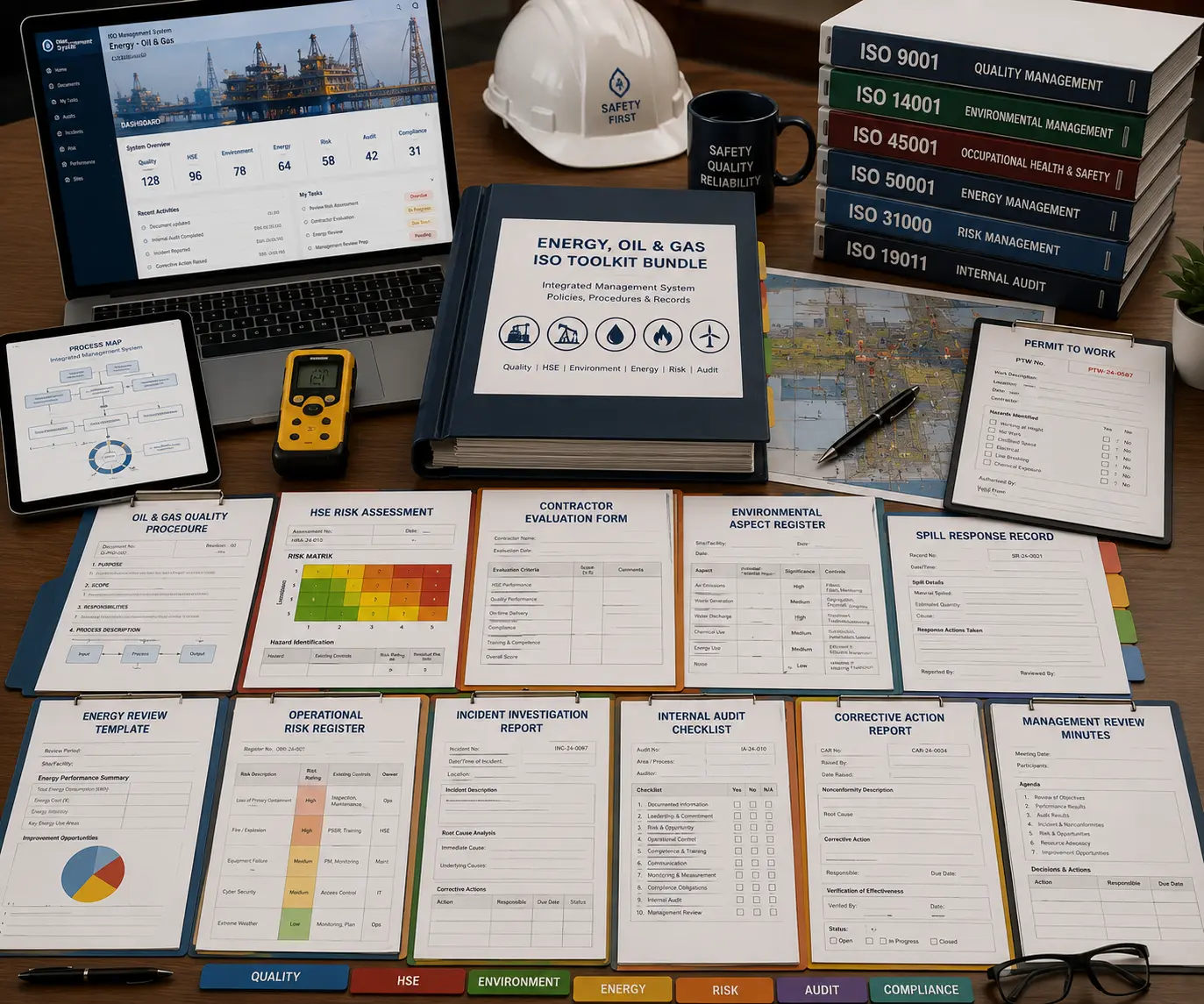 Editable energy oil and gas ISO documents templates operational procedures HSE risk assessment contractor evaluation environmental aspect register energy review operational risk register audit checklist and management review records
