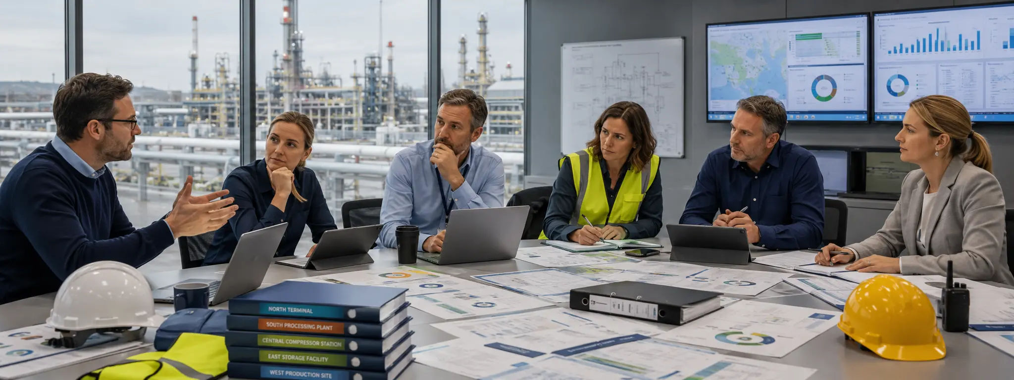 European energy operations team reviewing HSE procedures field inspection records risk registers energy review dashboards audit checklists corrective action trackers and multi site documentation