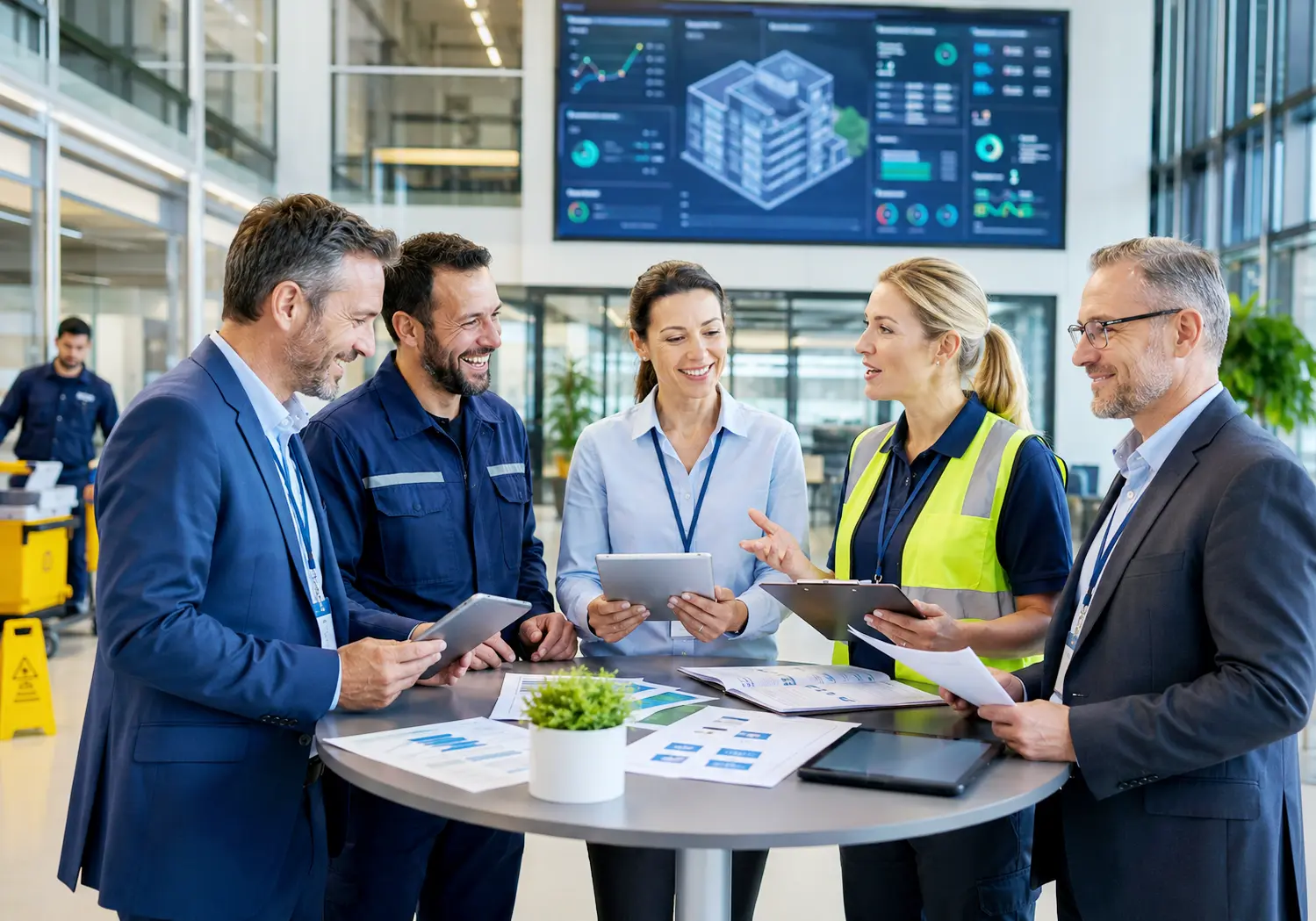 European facility management team reviewing ISO toolkit documentation for facility services maintenance quality safety environment assets and internal audits