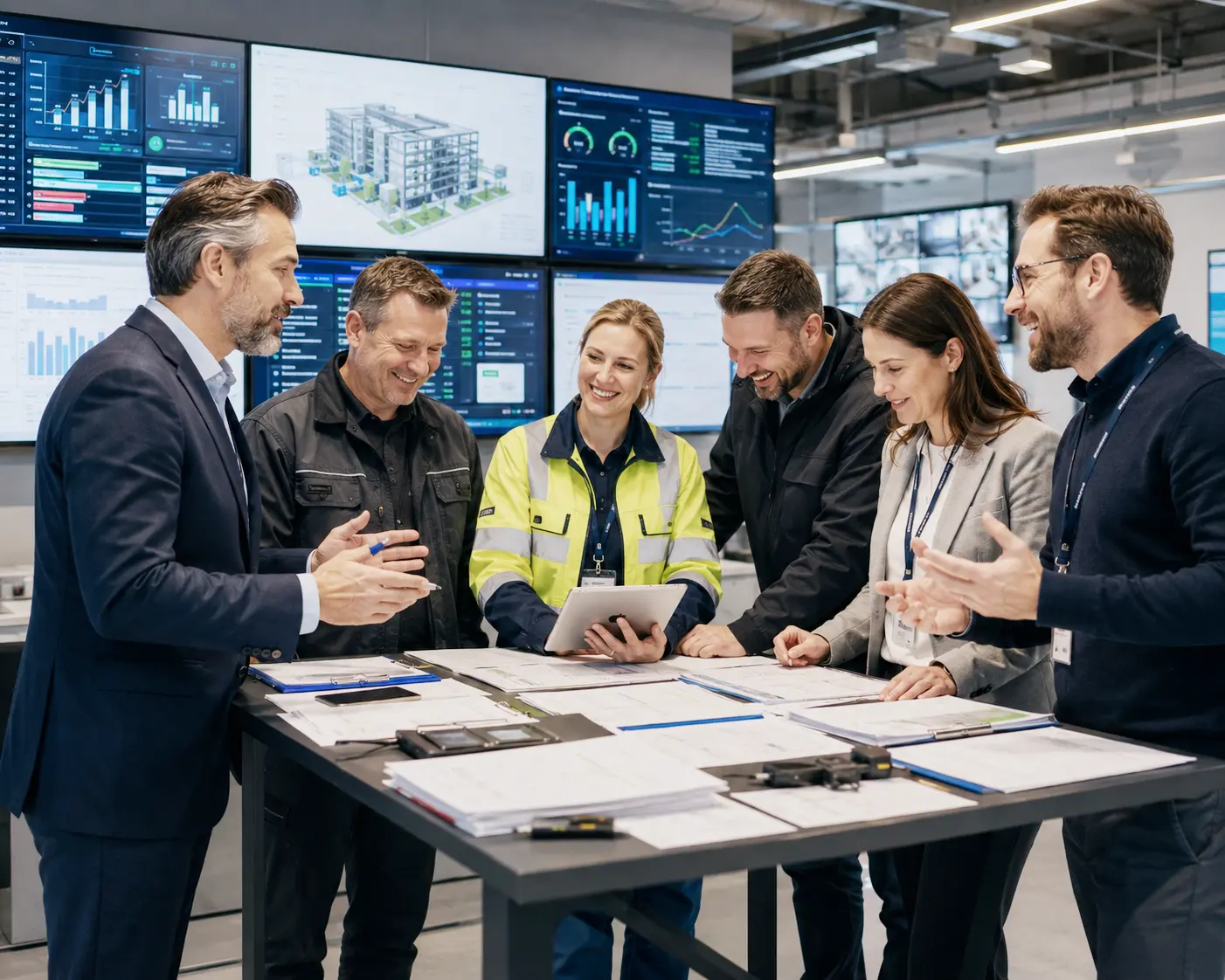 European facility management teams coordinating maintenance services contractors workplace safety environmental performance asset records corrective actions and audit evidence