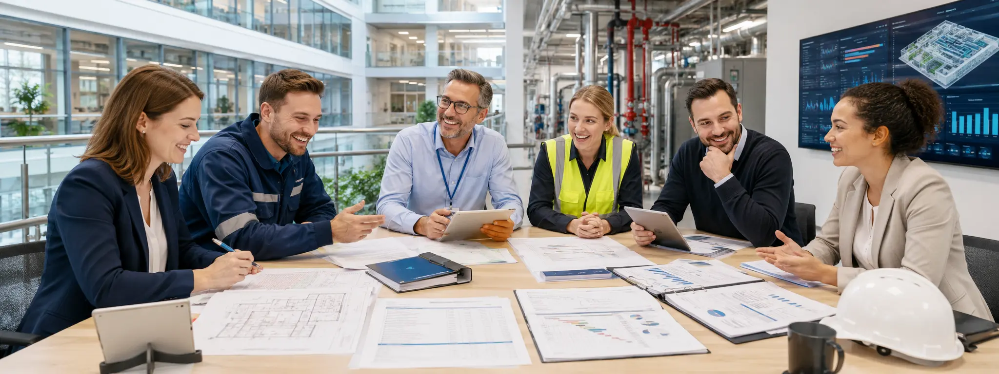 European facility management team reviewing facility management plans maintenance records contractor controls service level reviews asset registers audit checklists and corrective action trackers
