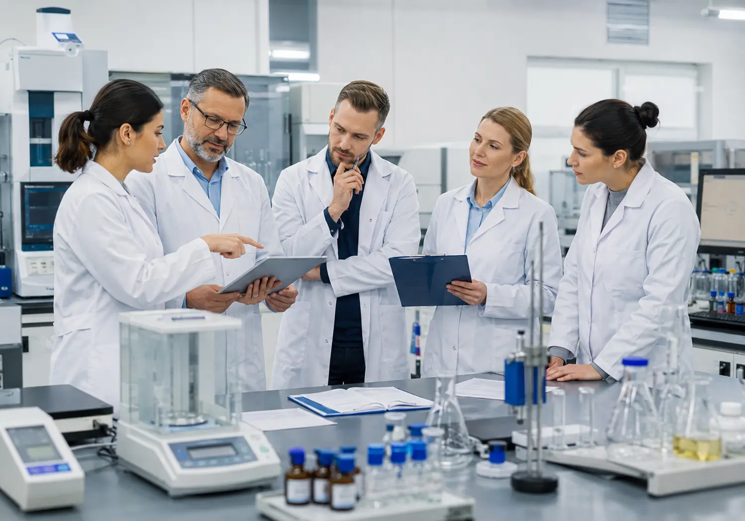 European laboratory specialists reviewing ISO toolkit documentation for laboratory competence testing calibration measurement control quality management and internal audits