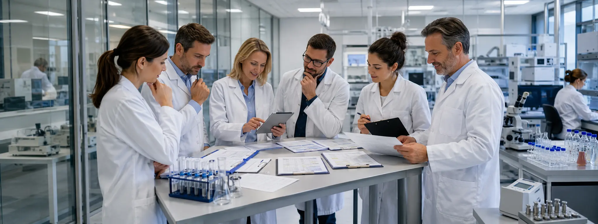 European laboratory quality technical calibration and testing team reviewing laboratory procedures test records calibration logs equipment registers audit checklists and corrective action trackers