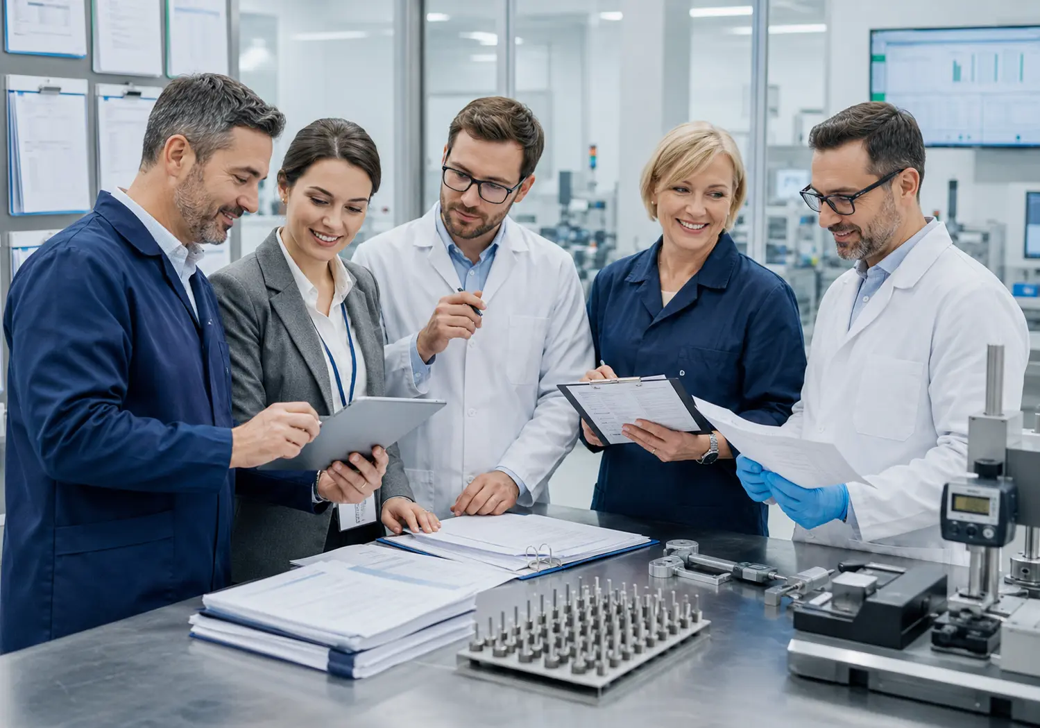 European medical device quality team reviewing ISO toolkit documentation for quality management risk control measurement reliability regulatory readiness and internal audits