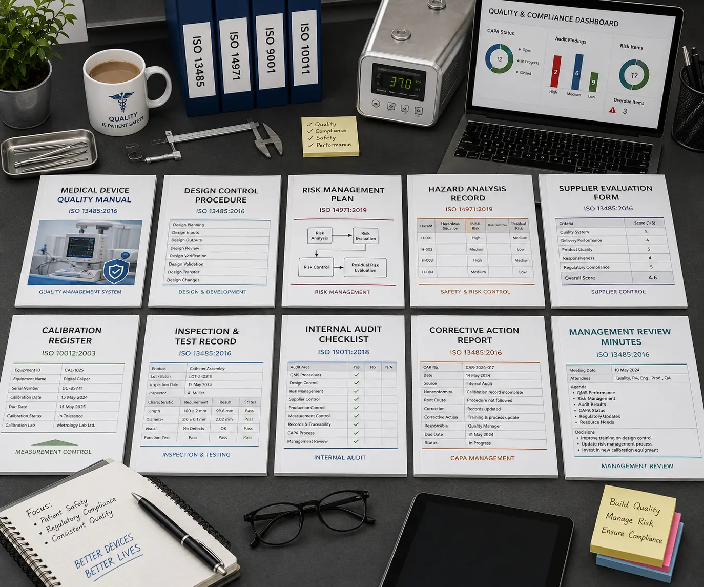 Editable medical device ISO documents templates quality manual design control procedure risk management plan hazard analysis supplier evaluation calibration register inspection test record and audit checklist