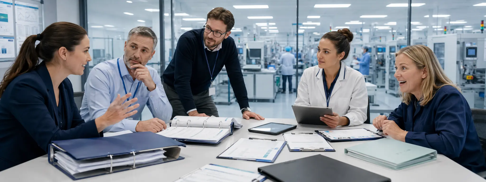 European medical device quality engineering regulatory and production team reviewing QMS procedures risk records calibration evidence audit checklists and corrective action trackers