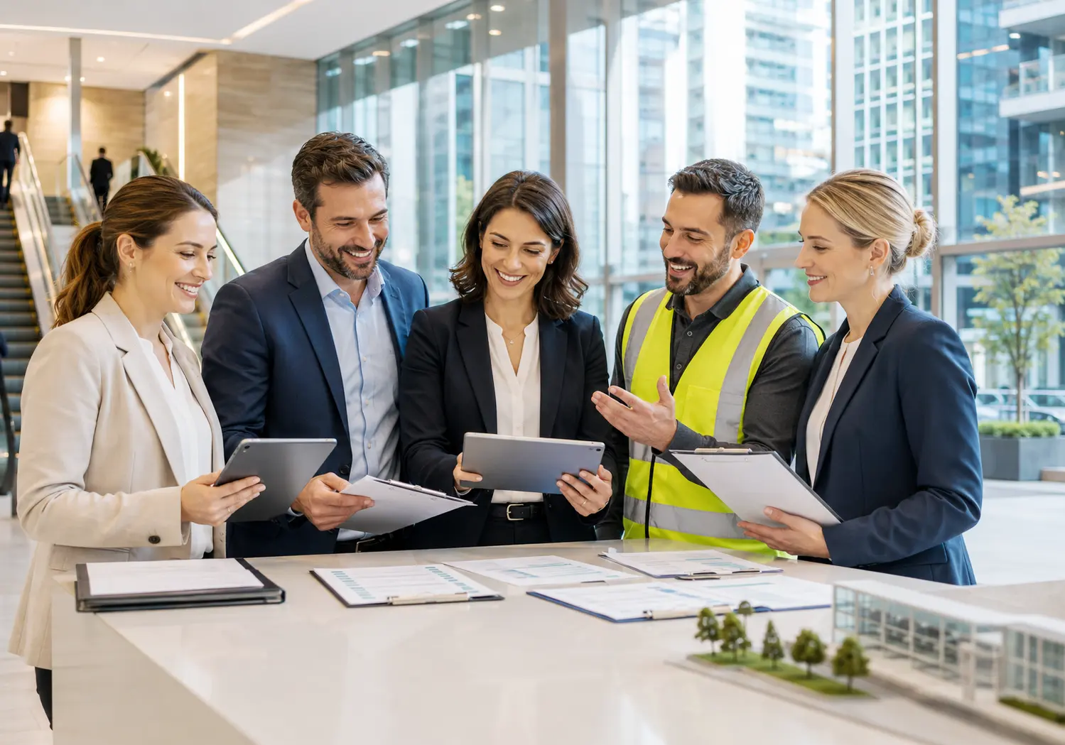 European real estate and property management team reviewing ISO toolkit documentation for property service facility management assets safety environment complaints and audit readiness
