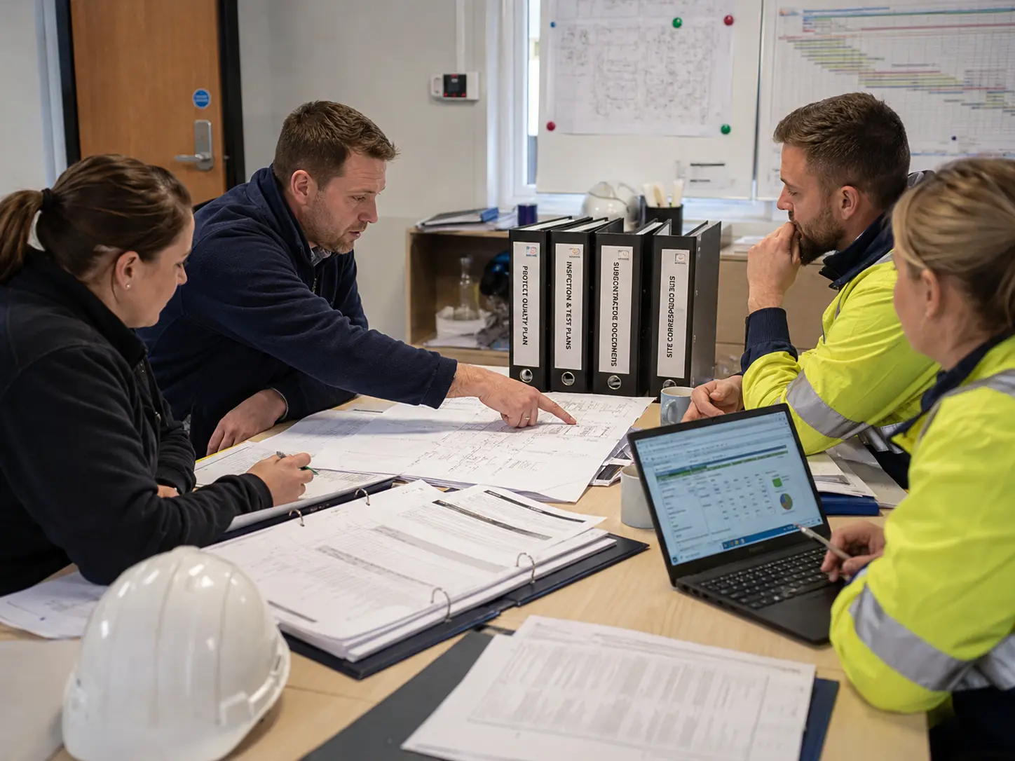 Construction project team reviewing controlled site procedures and project quality documents