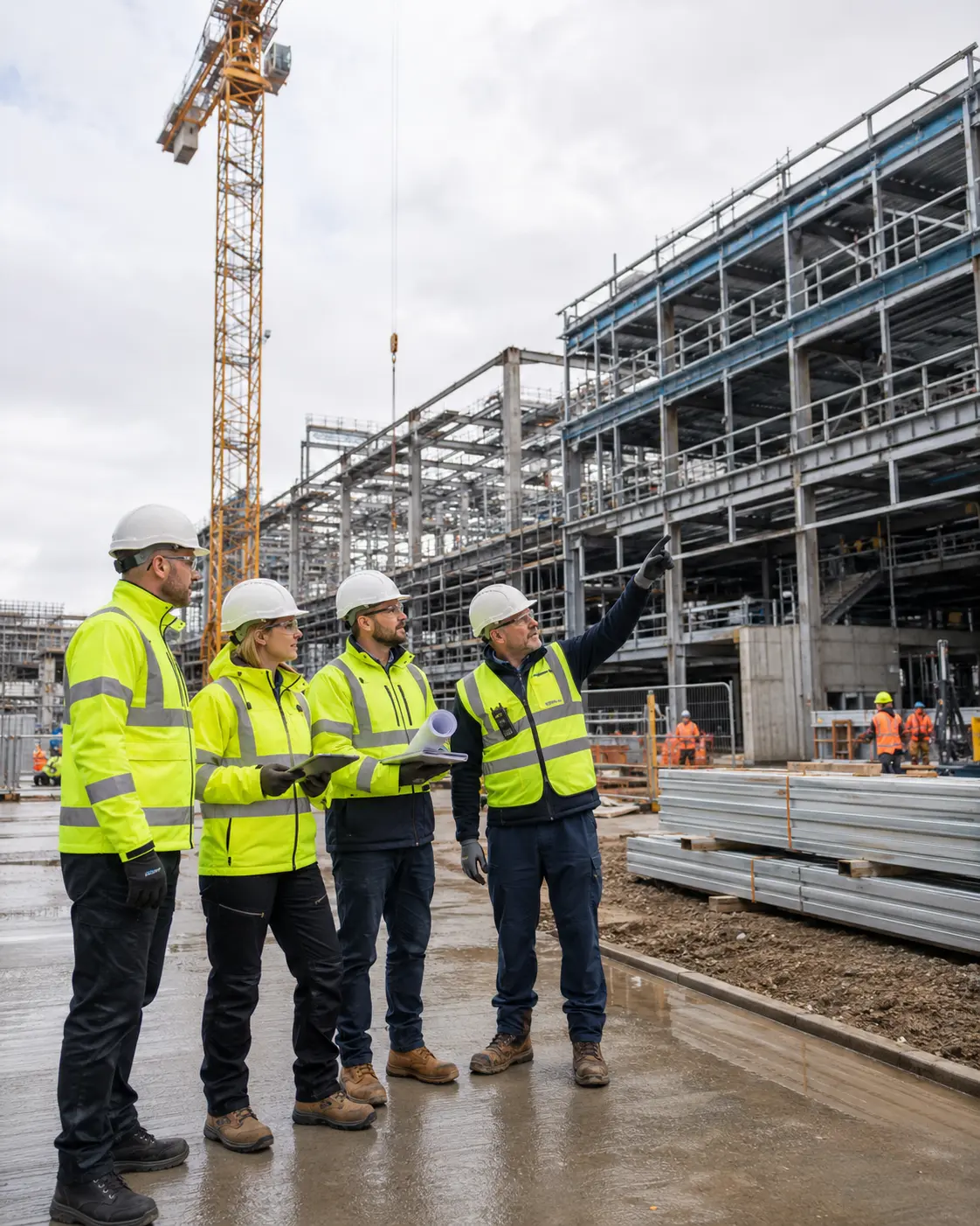 Construction site team reviewing ISO quality and safety controls