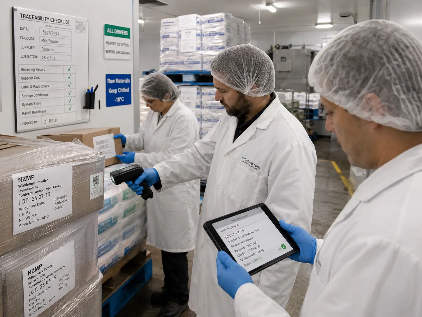 Food safety team checking raw material lot numbers and finished product traceability records