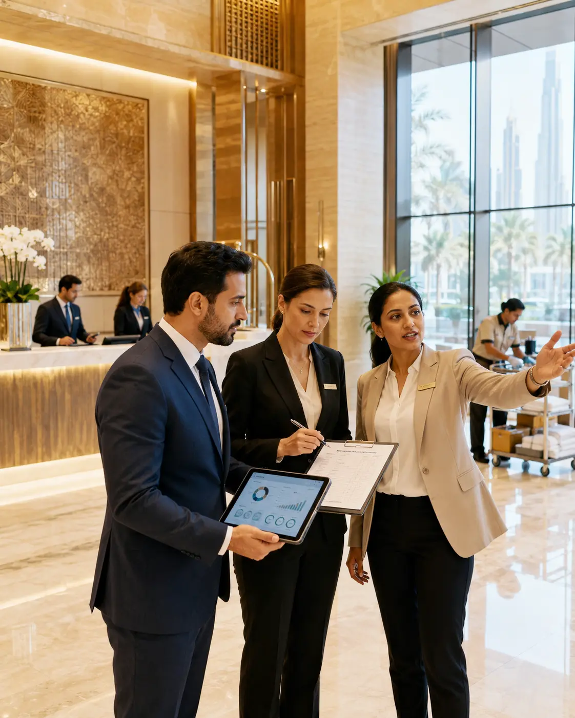 Hotel management team reviewing ISO service quality dashboard and guest experience records in a premium hospitality environment