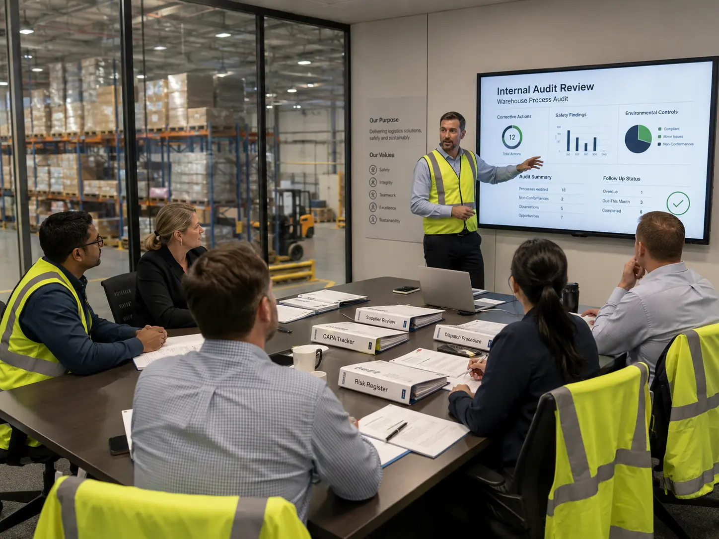 Logistics managers reviewing internal audit findings and corrective actions