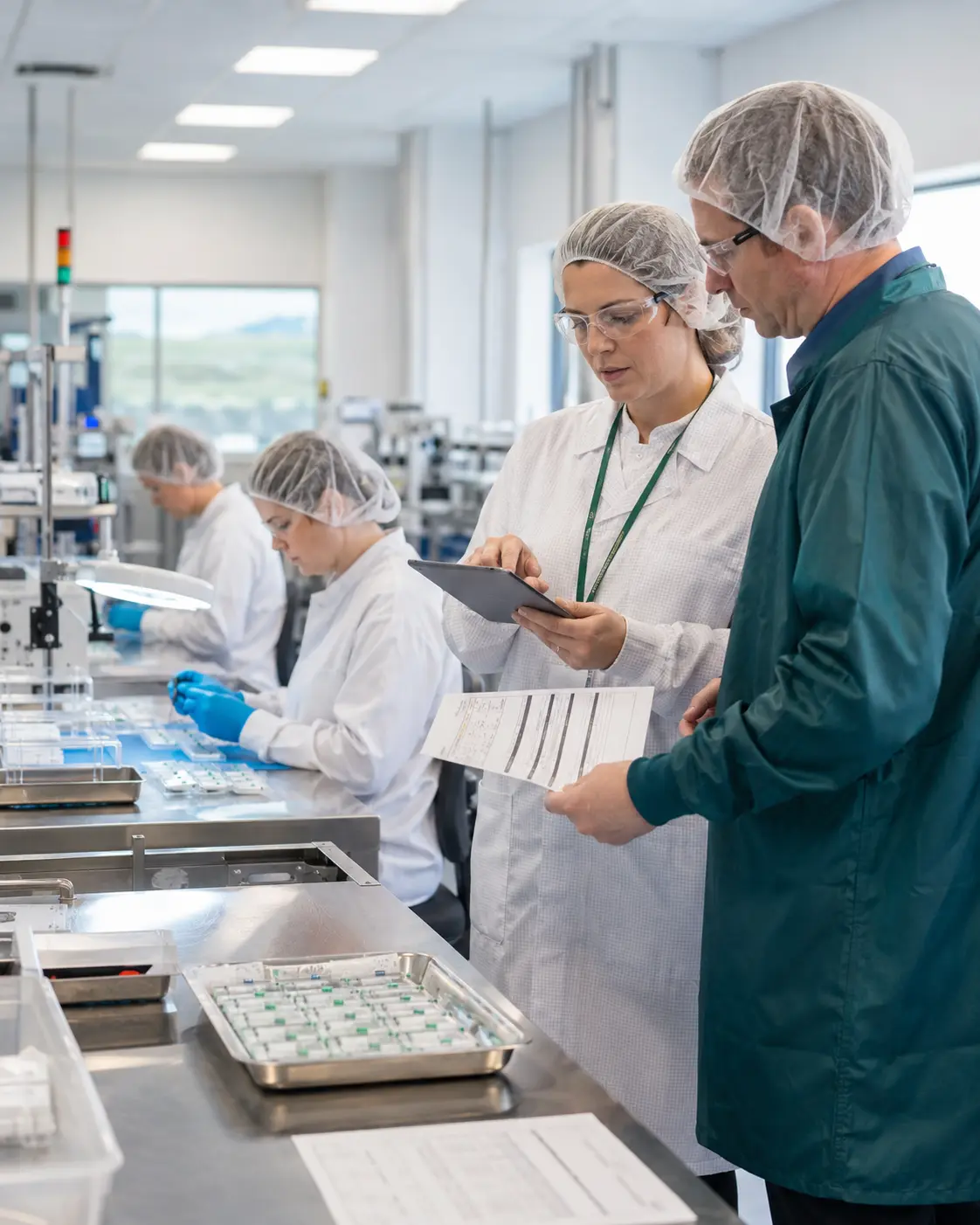 Medical device quality team reviewing ISO 13485 records and production evidence in a clean manufacturing facility